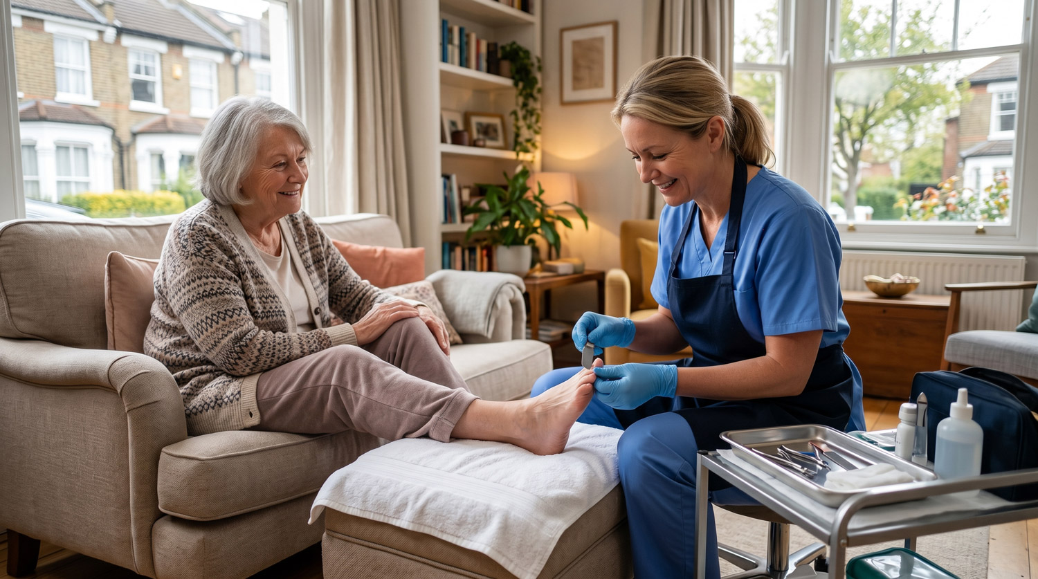 Podiatrist providing foot care treatment to a patient at home