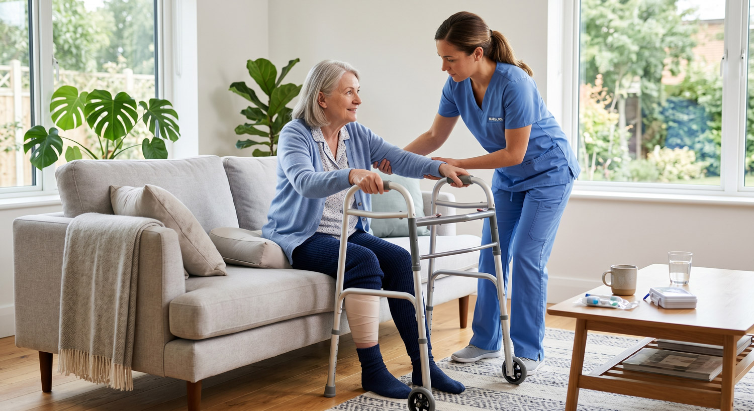 Nurse supporting a patient during post-surgery recovery at home