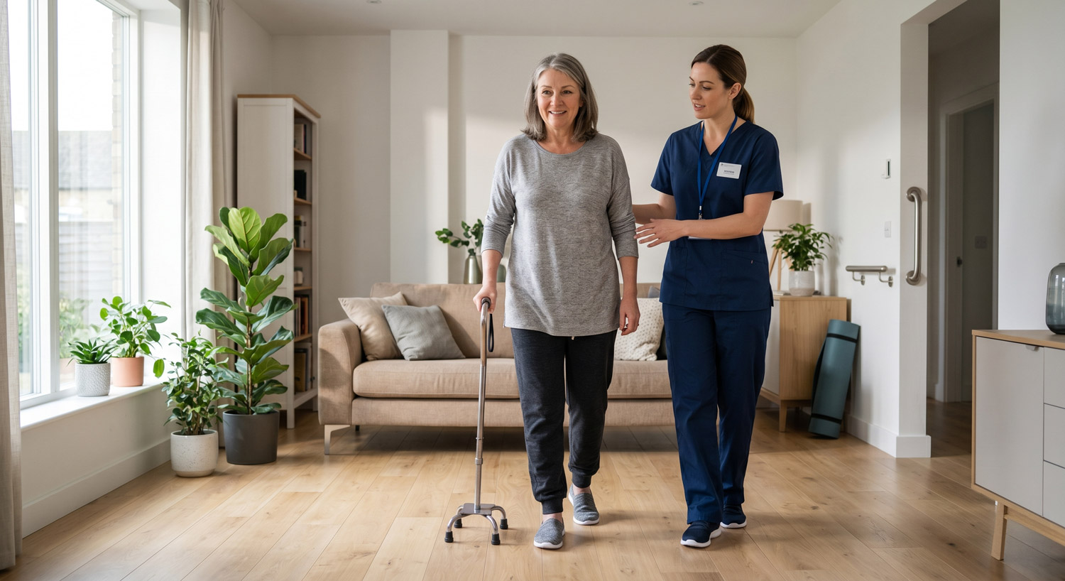 Caregiver supporting an individual with mobility during recovery