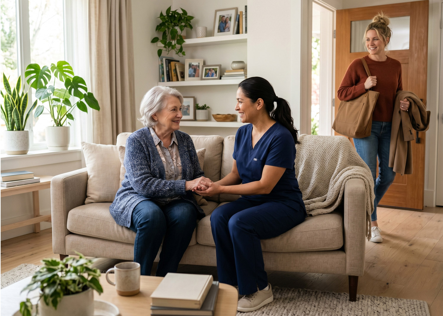 Professional carer supporting a client while family takes a break