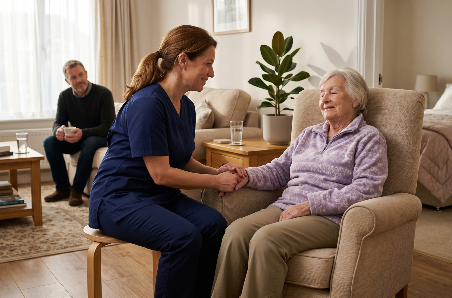 Caregiver comforting an elderly woman